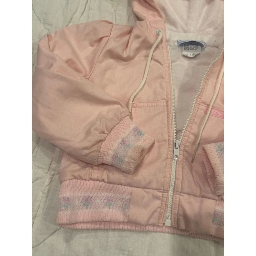 Vintage OshKosh Bgosh Pink Hooded Bomber Jacket Floral Trim Girls Size 3 Toddler